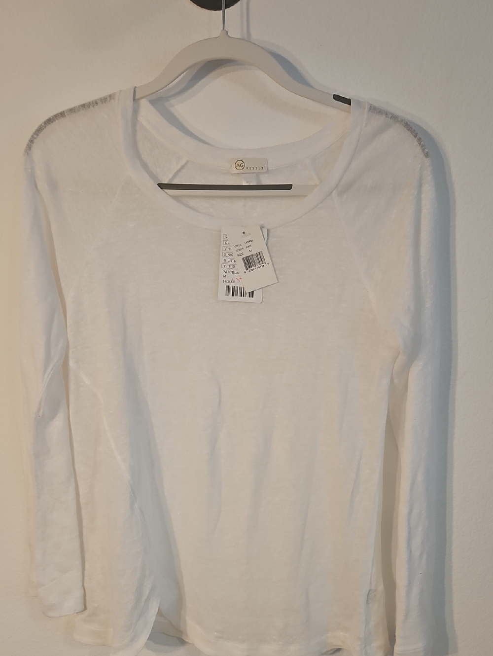 Ag Adriano Goldschmied White Long-Sleeve Crewneck Top Sz M New